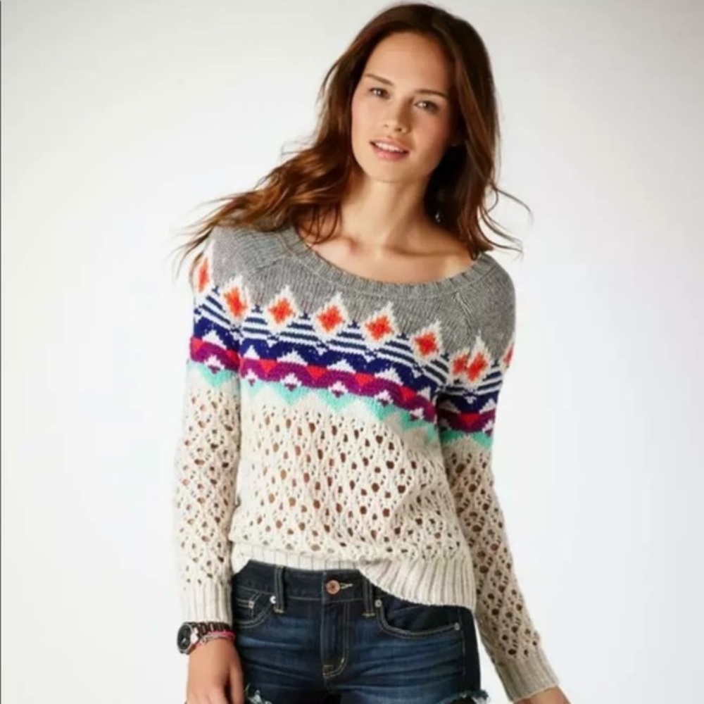 American Eagle Fair Isle Crew Neck Open Stitch Sweater